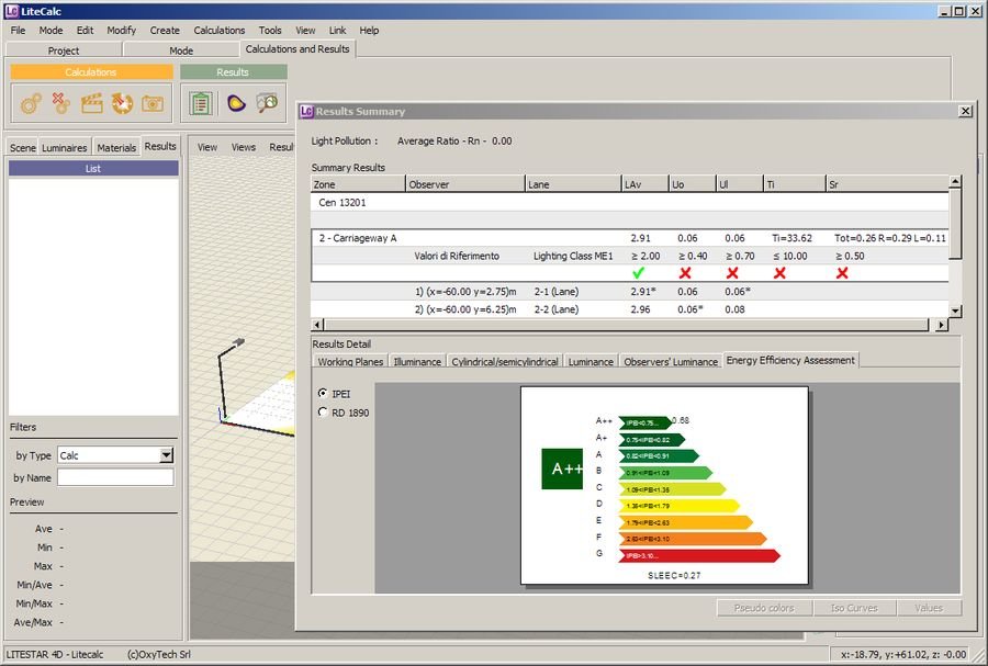 Litecalc - Viales: Resultados y Control EN 13201 - Clasificación Energética IPEI DM 23 12 2013